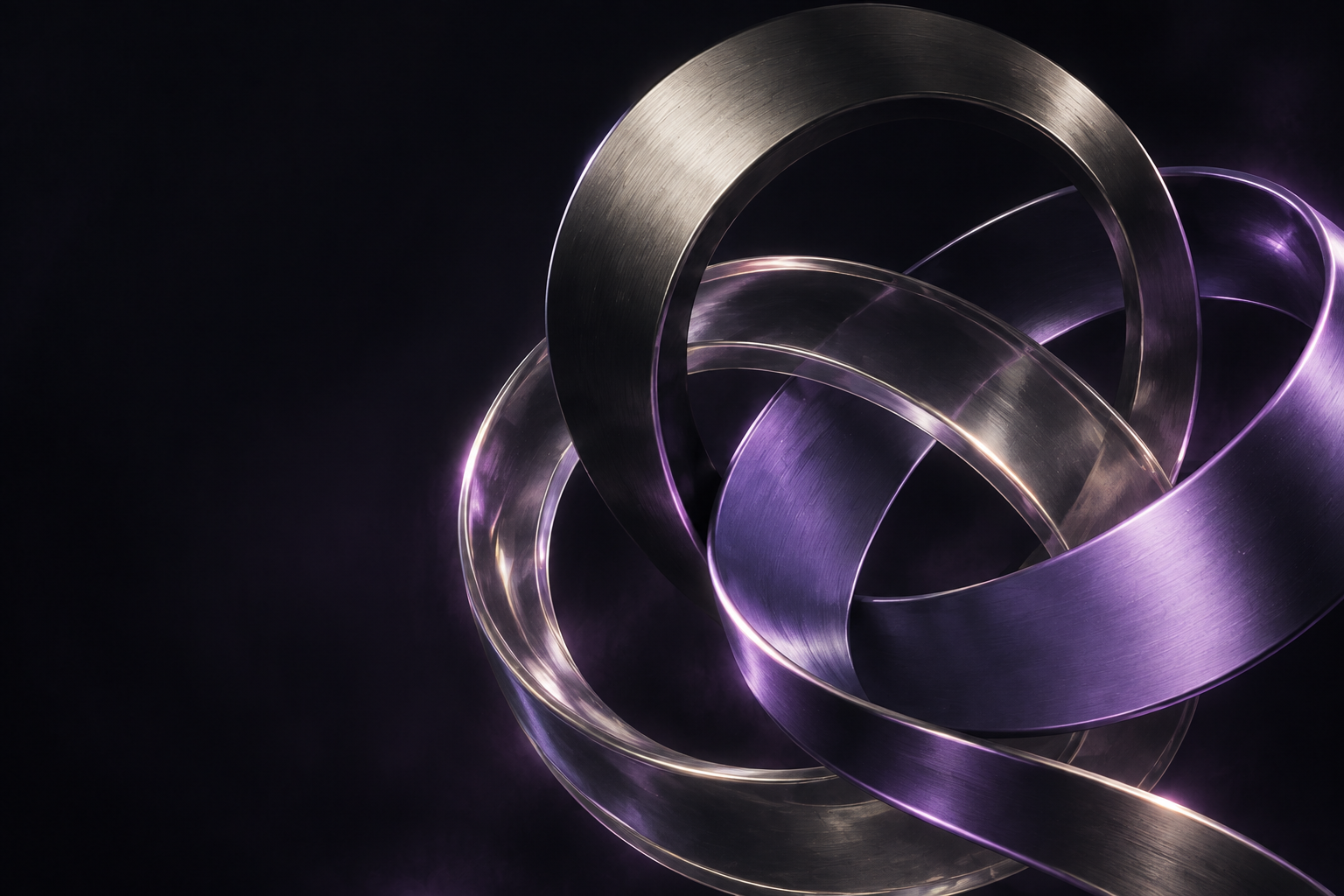 Interlocking graphite, glass and violet ribbons in a cinematic dark setting